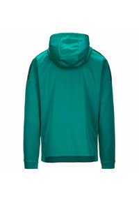 Giacca cappuccio turchese con maniche lunghe, texture liscia, caratterizzata da un design semplice e priva di motivi o accessori visibili.
