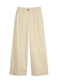 Beige wijde broek met knoopsluiting, twee zijzakken, gladde stof, geplooide voorkant en nette zomen.