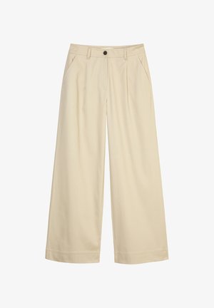 Pantalons larges beiges avec une fermeture à bouton, deux poches latérales, tissu lisse, avant plissé et ourlets nets.