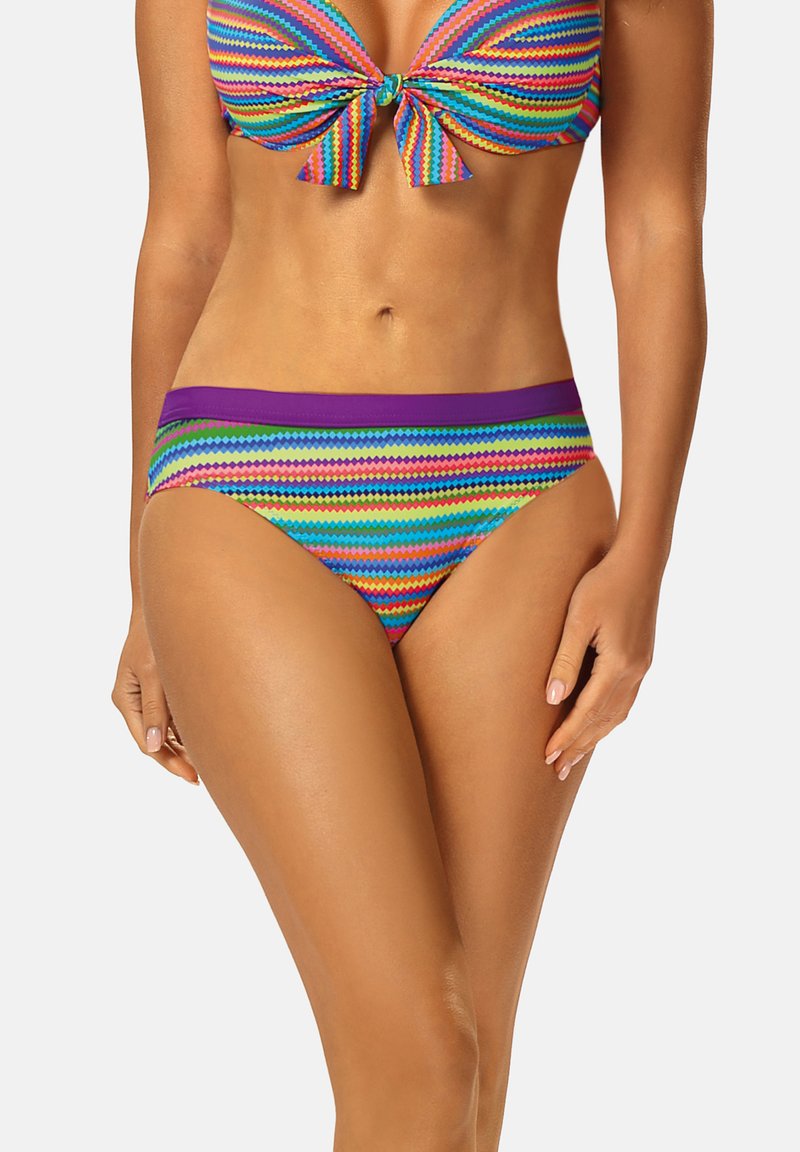 Wielokolorowy zestaw bikini z topem na wiązanie z przodu i wysokim stanem. Materiał ma żywe, prążkowane wzory z jednolitą fioletową gumką w talii.