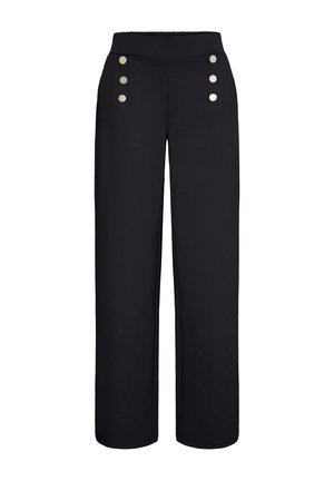 Čierne široké nohavice s vysokým pásom a dvoma zvislými radmi po troch strieborných gombíkoch na predných stranách.