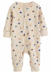 Beige zip-up baby jumpsuit med färgglada geometriska mönster i blått, brunt och grått. Långa ärmar och elastiska muddar. Mjuk bomullsmaterial.