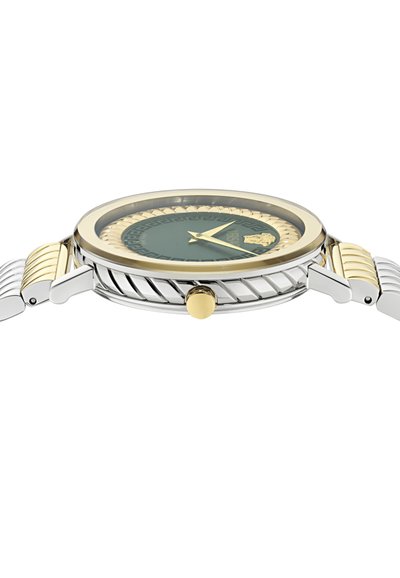 Zweifarbige Silber- und Golduhr mit rundem Gehäuse, grünem Zifferblatt, strukturiertem Rahmen und verdrehtem Armband. Verfügt über eine goldene Krone und Stundenmarkierungen.