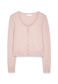 Gaiši rozā, īsa džemperis, kas izgatavots no mīksta adījuma auduma. Saturs izgriezumu apkakli, garas piedurknes un kārtu apaļu pogu priekšpusē.