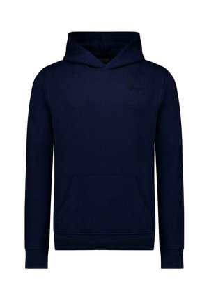 Nachtblauwe hooded sweater met lange mouwen en een voorvak, eenvoudig ontwerp met subtiel logo op de linkerborst.