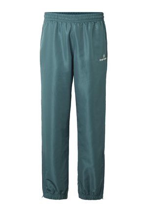 Grønne sportsbukser med elastisk midje og ankler, sidelommer og liten hvit logo på øvre lår.