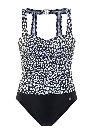 Black and white leopard print one-piece swimsuit with ruched midsection and wide straps, featuring a low-cut black bottom.