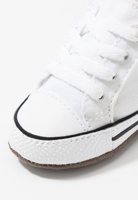 Vit canvas-sneaker med platta vita skosnören, svart gummikanter och texturerad gummisula. Har förstärkt tåkappa och metallöglor.