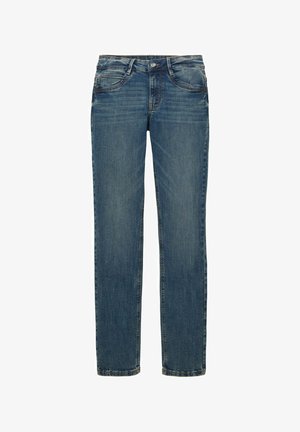 Džinsai vidutinio mėlyno skalbimo, su tiesiomis kojomis, penkių kišenių stiliumi ir kontrastinga siūle iš siūlių.