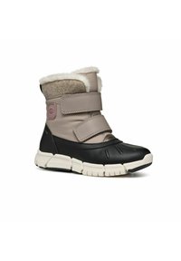 Botas de invierno negras y beige con parte superior sintética, forro de felpa, dos correas ajustables de Velcro y suela de goma texturizada.