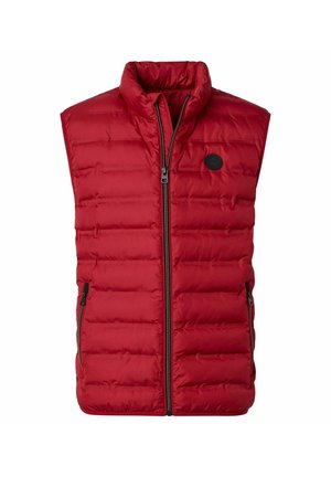Gilet senza maniche trapuntato rosso con zip frontale e tasche laterali con zip, con toppa rotonda con logo nero sul petto sinistro.