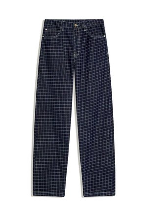 Navy blue straight-leg pants with white grid pattern, front pockets, belt loops, and button closure at the waist.