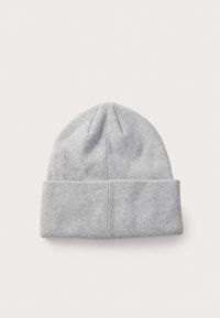 Gray ribbed knit beanie with a folded cuff and subtle stitching detail on the top. Made from soft, stretchable fabric suitable for cold weather.