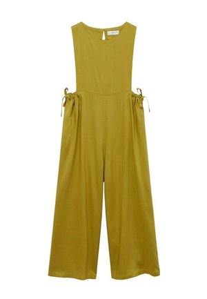 Ærmeløs olivengrøn jumpsuit med vidde ben, med samlede sidelommer bundet med snørre og en lille nøglehulsknap ved den bagside halsudskæring.