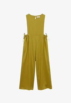 Combinaison sans manches vert olive à jambes larges avec poches latérales froncées attachées par un cordon de serrage et un petit bouton à œillet au dos du col.