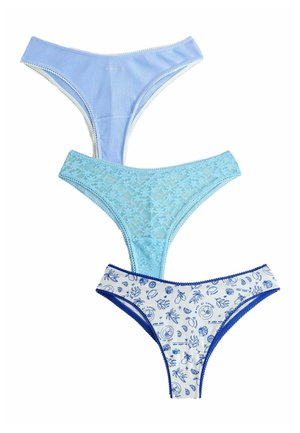 Three women's thong-style underwear in shades of blue: ribbed solid, lace floral pattern, and white with blue botanical prints.