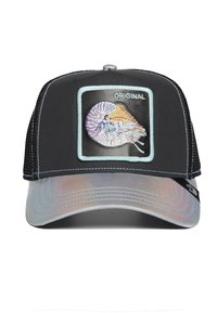 Cappellino da camionista nero con parte posteriore in rete, caratterizzato da un design a nautilus ricamato e testo "ORIGINALE"; la visiera ha una finitura iridescente.