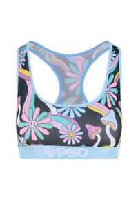 Sports-bh i sort stof med farverige blomster- og svampemønstre, omkranset af lyseblå med en logo-stribe nederst.