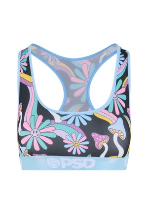Sports bra with a black fabric featuring colorful flower and mushroom patterns, outlined in light blue with a logo band at the bottom.