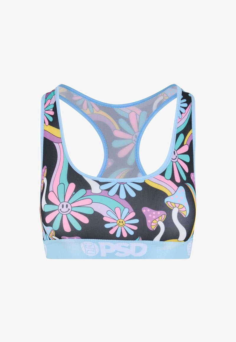 Sujetador deportivo de tela negra con patrones coloridos de flores y setas, contorneados en azul claro y con una banda con logo en la parte inferior.
