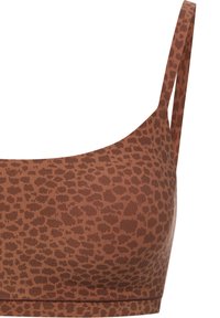 Καφέ σουτιέν με λεοπάρ μοτίβο, λεπτές τιράντες, λείο ύφασμα και χωρίς ραφές. Διαθέτει στρογγυλεμένο σχήμα και διακριτική ραφή.