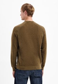 Bruine gebreide trui met een ronde halslijn, geribbelde schoudernaden en lange mouwen. Draagt een blauwe spijkerbroek, gezien van achteren.