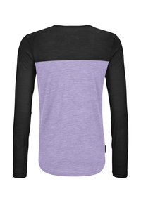 Long-sleeve shirt featuring a black upper section and a light lavender lower section. Soft texture with rounded hem and tag on the side.