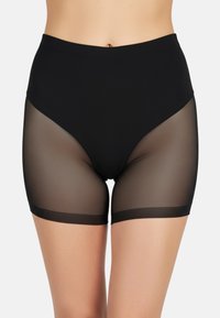 Shorts neri a vita alta con parte superiore opaca e parte inferiore in rete trasparente. Texture liscia con design aderente e cintura elastica.