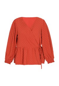 Piros, puffos hosszú ujjú top, peplum derékkal, texturált pöttyös mintázattal és oldalsó megkötéssel.