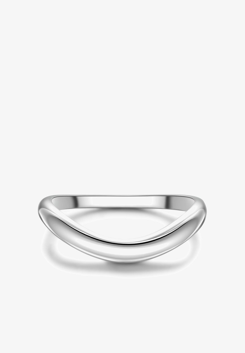 Ezüst szalaggyűrű sima, ívelt kialakítással, fényes felülettel és minimalista formával. Nincs rajta további díszítés vagy minta.