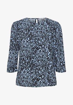 Cvetlična bluzica v svetlo modri barvi z črnimi cvetličnimi vzorci. Ima tričetrtinske rokave, okrogel izrez in majhno odprtino na hrbtu.