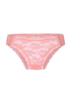 Pink lace bikini-style women's underwear with floral pattern and scalloped edges on a white background.