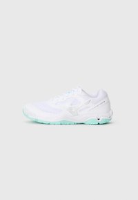 White athletic shoe with mesh upper, turquoise accents, padded collar, and textured sole. Features a lightweight design for sport activities.