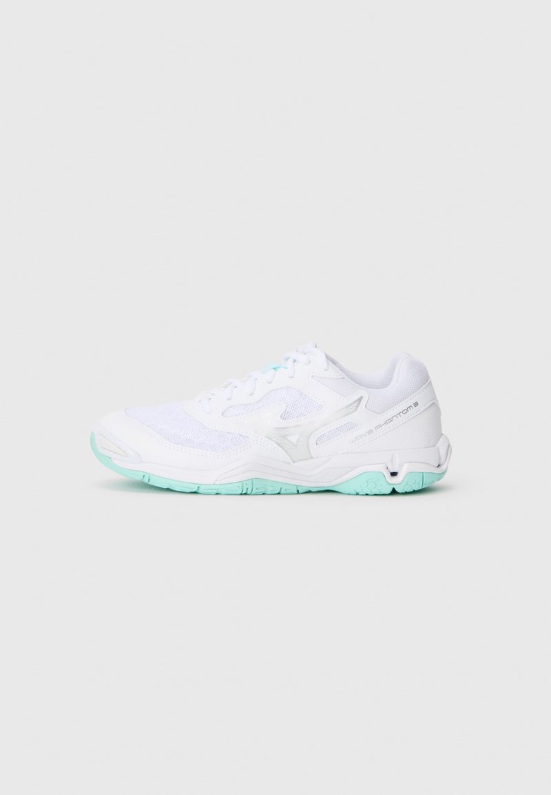 White athletic shoe with mesh upper, turquoise accents, padded collar, and textured sole. Features a lightweight design for sport activities.