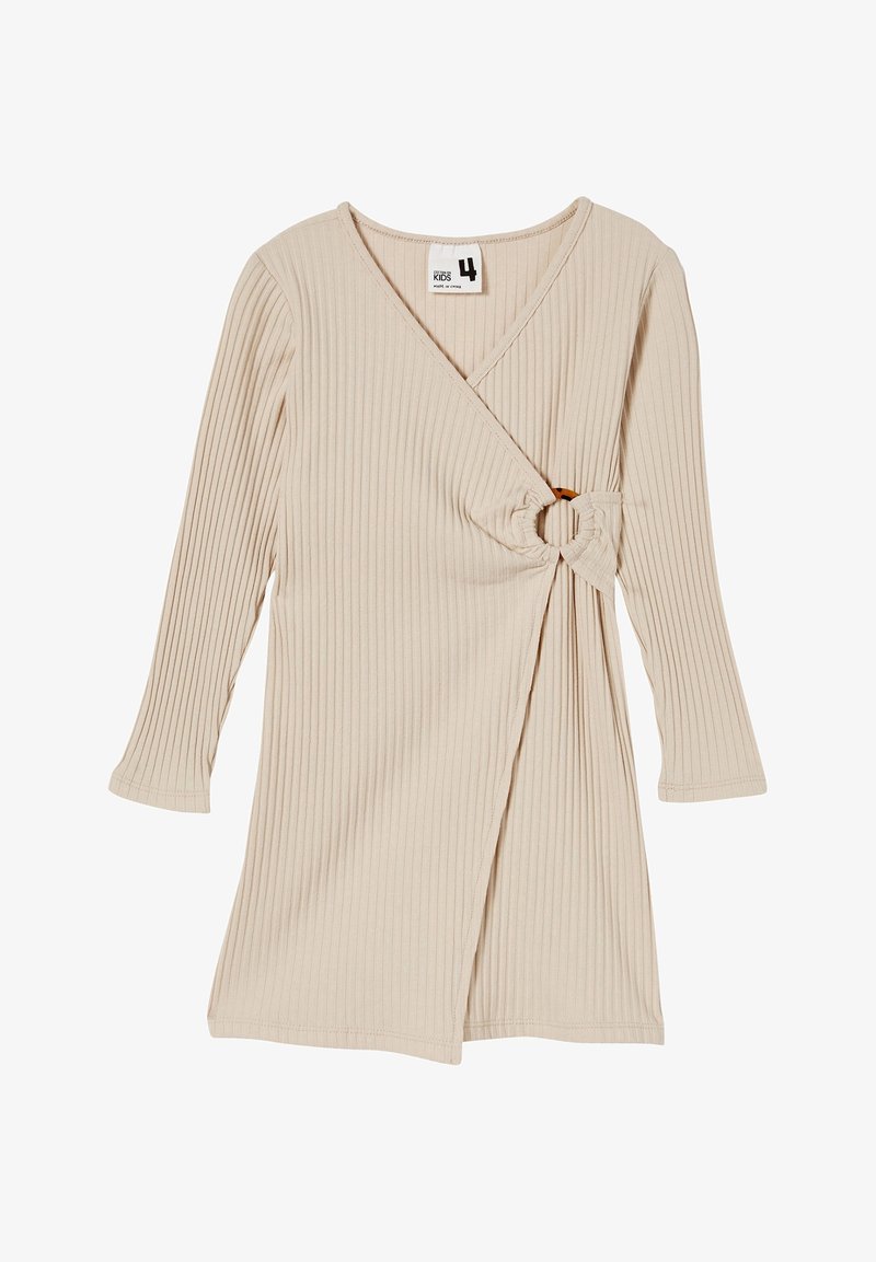 Robe portefeuille à manches longues côtelée beige pour enfant, taille 4, avec une boucle en tissu et un détail en anneau à la taille.
