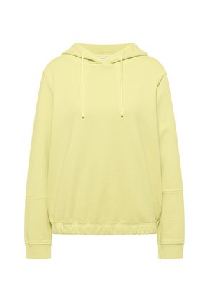 Sweat à capuche jaune clair à manches longues, capuche avec cordon, poignets côtelés et taille élastique.