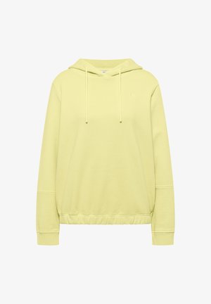 Felpa gialla chiaro con cappuccio, maniche lunghe, coulisse, polsini a costine e fascia elastica in vita.