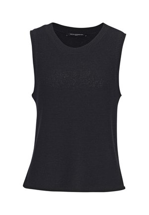 Schwarzes ärmelloses Stricktop mit rundem Ausschnitt und dezentem Markentext auf der Brust.