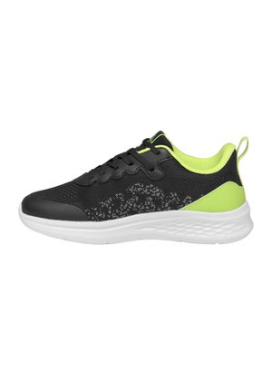 Scarpa da corsa leggera nera e verde neon con suola bianca texturizzata e tomaia in mesh traspirante, vista laterale.