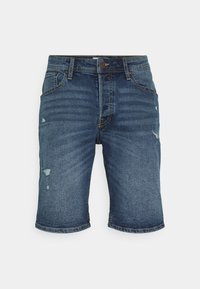 Shorts de mezclilla azul con un corte regular, que presentan un diseño desgastado, ligeros desgastes, bolsillos frontales y dobladillo cosido.