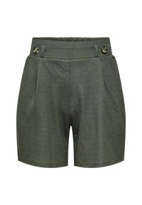 Groene shorts van een geweven stof, elastische tailleband en twee voorvouwen. Bevat twee decoratieve knopen op de tailleband.