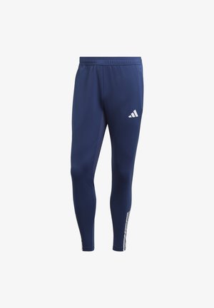 Pantaloni sportivi navy con un design aderente, cintura elastica e tre strisce bianche lungo i lati; realizzati in un tessuto liscio e elasticizzato.