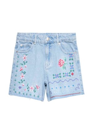Shorts in denim azzurro chiaro con chiusura a bottone, decorati con ricami floreali colorati su entrambe le gambe anteriori.
