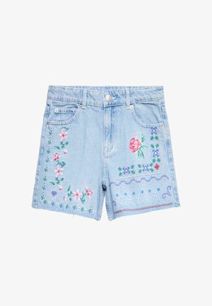Lyseblå denimshorts med knaplukning, med farverig blomsterbrodering på begge forben.