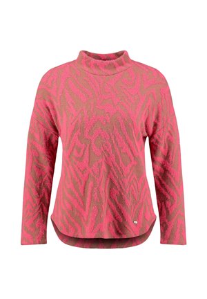 Trui met lange mouwen met roze en bruine abstracte dierenprint en een licht verhoogde ronde hals.