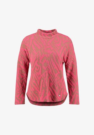 Hosszú ujjú pulóver rózsaszín és barna absztrakt állatmintával, enyhén emelt kerek nyakkivágással.