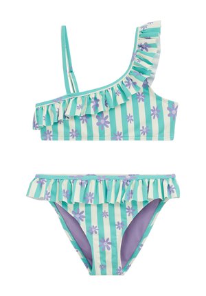 Maillot de bain deux pièces avec haut à volants à une épaule et bas de bikini à volants rayés turquoise et blanc avec des fleurs violettes.