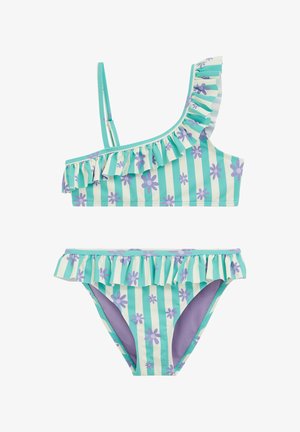 Maillot de bain deux pièces avec haut à volants à une épaule et bas de bikini à volants rayés turquoise et blanc avec des fleurs violettes.
