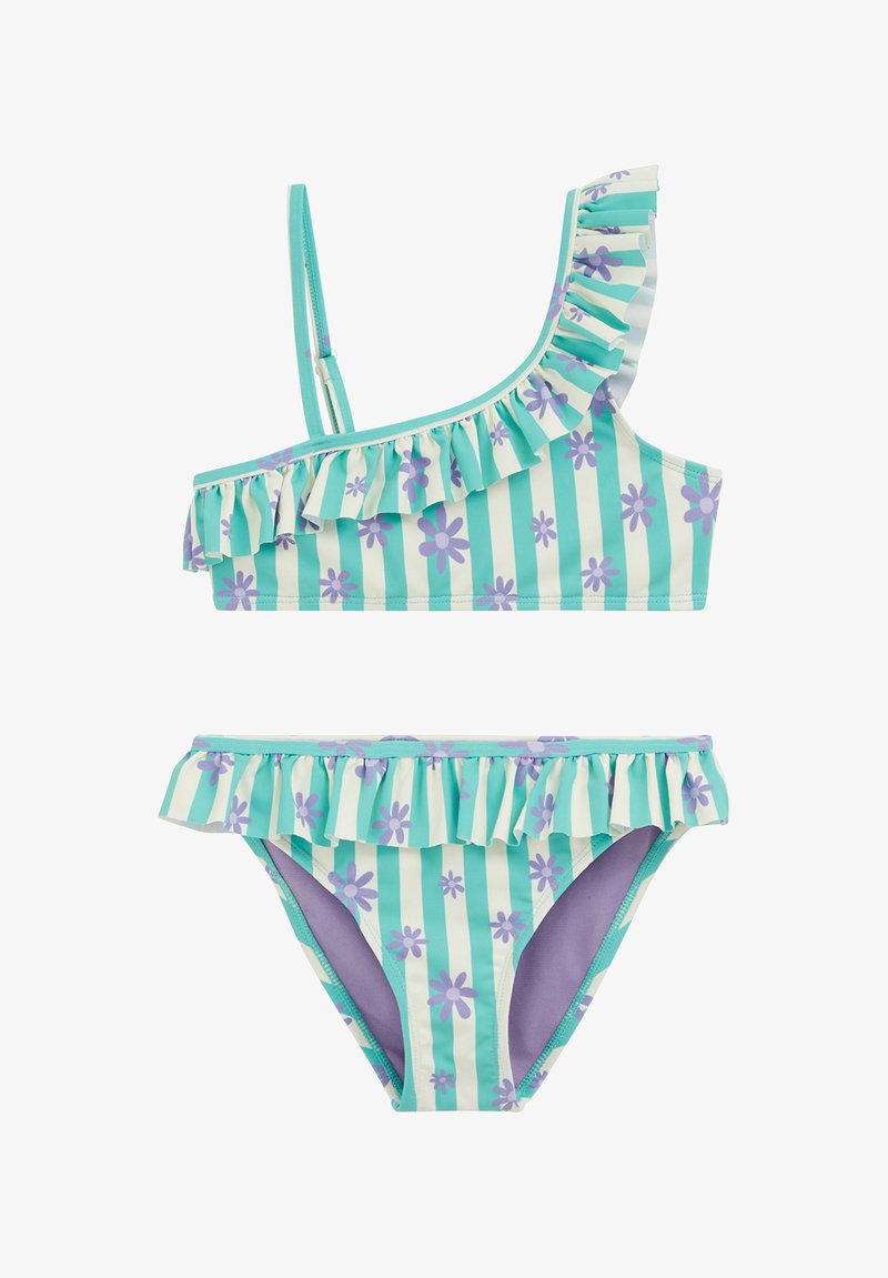 Maillot de bain deux pièces avec haut à volants à une épaule et bas de bikini à volants rayés turquoise et blanc avec des fleurs violettes.