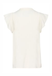Blusa bianca con maniche a farfalla corte, scollatura rotonda e tessuto morbido, leggermente trasparente, con una vestibilità rilassata.